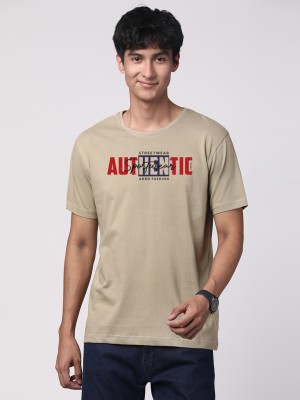 ADRO Typography Men Round Neck Beige T-Shirt