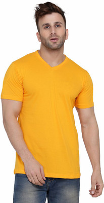 GEUM Solid Men V Neck Yellow T-Shirt