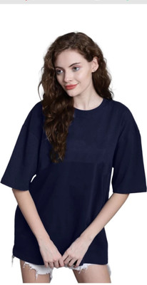 etsun Solid Women Round Neck Dark Blue T-Shirt
