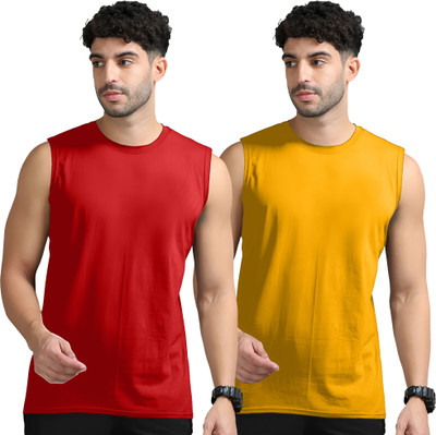 Adorbs Solid Men Round Neck Red, Yellow T-Shirt