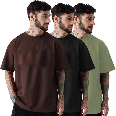 CLAfoutis Solid Men Round Neck Brown, Black, Light Green T-Shirt