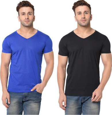 Tresna Trending Solid Men V Neck Blue, Black T-Shirt