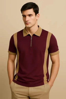 Adiba Fashion Factory Striped Men Polo Neck Maroon T-Shirt