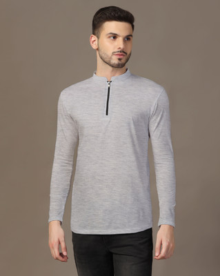 Blisstone Solid Men Mandarin Collar Silver T-Shirt