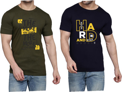 WOOSTRO Printed, Typography Men Round Neck Dark Green, Dark Blue T-Shirt