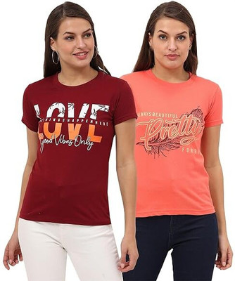 FEDAMSEL Printed, Typography Women Round Neck Maroon, Pink T-Shirt