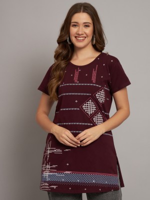 AD FASHION Printed Women Round Neck Maroon T-Shirt