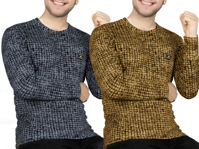 AVOLT Checkered Men Round Neck Grey, Yellow T-Shirt