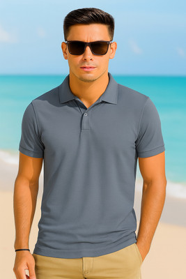 HilGar Solid Men Polo Neck Dark Blue T-Shirt