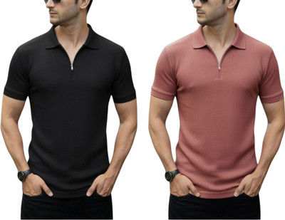 DSV Self Design Men Zip Neck Black, Pink T-Shirt