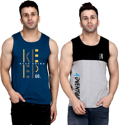 SLOWLORIS Printed, Colorblock Men Round Neck Dark Blue, Black, Grey T-Shirt