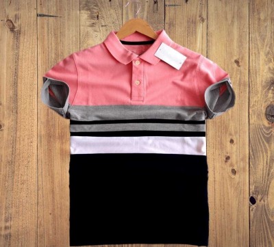 KHAHURIYO Striped, Colorblock Men Polo Neck Pink T-Shirt