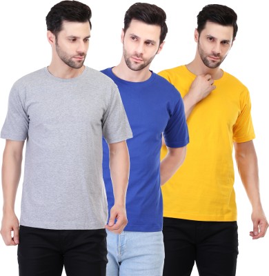 Fabarroe Solid Men Round Neck Grey, Dark Blue, Yellow T-Shirt