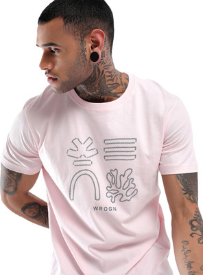 WROGN Printed Men Round Neck Pink T-Shirt