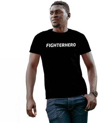 Fighterhero Typography Men Round Neck Black T-Shirt