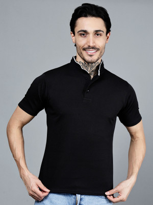 KISROLI Solid Men Mandarin Collar Black T-Shirt