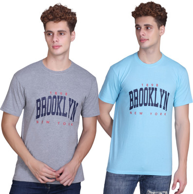 Zeffit Printed Men Round Neck Light Blue, Grey T-Shirt