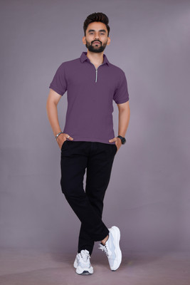 Ganesh Enterprise Self Design Men Zip Neck Black T-Shirt