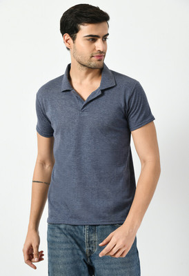 Kavvya Solid Men Polo Neck Light Blue T-Shirt