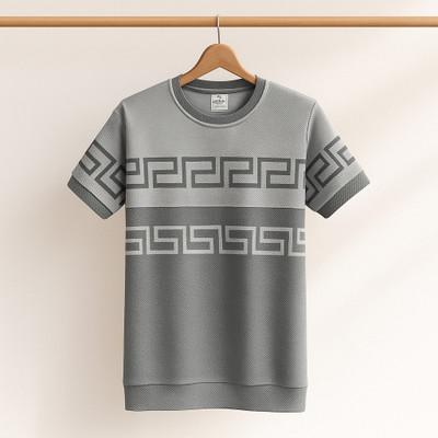 Ajmir Style Hub Geometric Print Men Round Neck Grey, White T-Shirt