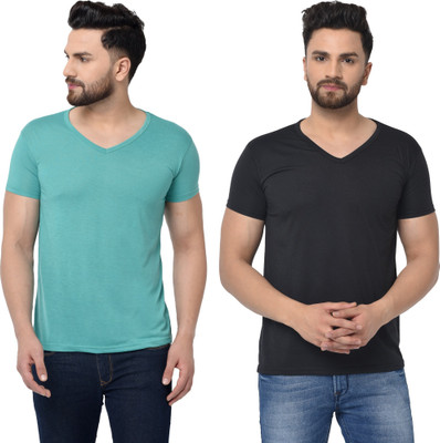 Tresna Trending Solid Men V Neck Black, Light Green T-Shirt