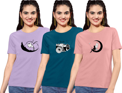 ZentWorld Graphic Print Women Round Neck Purple, Dark Blue, Beige T-Shirt