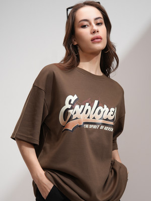 Tokyo Talkies Printed Women Round Neck Brown T-Shirt