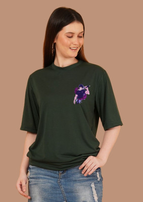 Parona Printed Women Round Neck Green T-Shirt