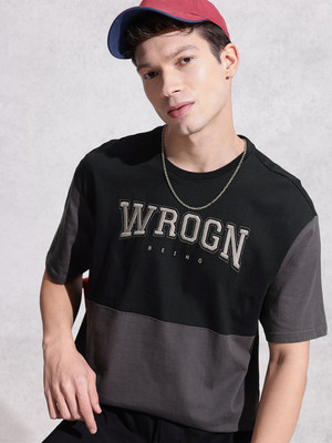 WROGN Typography, Colorblock Men Round Neck Black T-Shirt