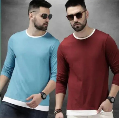 ModeoN Solid Men Round Neck Maroon, Light Blue T-Shirt