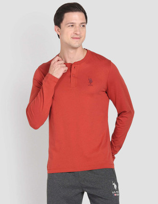 U.S. POLO ASSN. Solid Men Henley Neck Orange T-Shirt