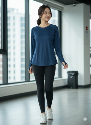 MYo2 Solid Women Round Neck Navy Blue T-Shirt