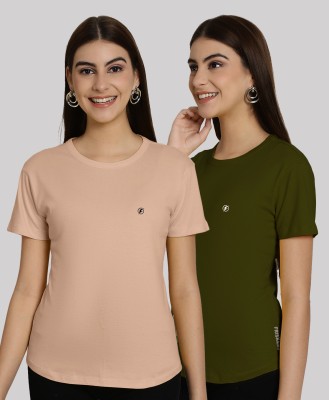 FRISKERS Solid Women Round Neck Beige, Dark Green T-Shirt