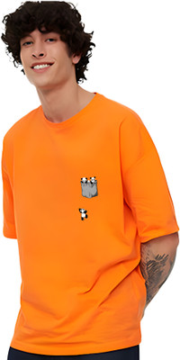 Be Beas Printed Men Round Neck Orange T-Shirt