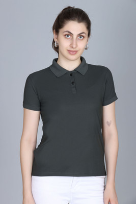 A & Y Solid Women Polo Neck Grey T-Shirt