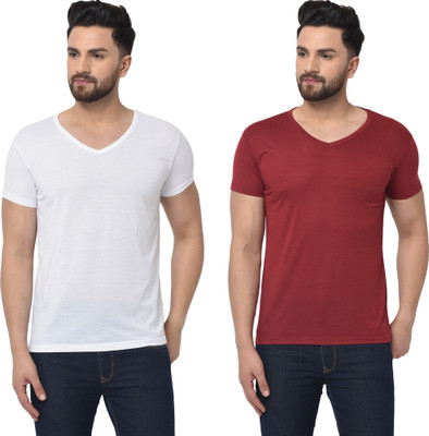 Adorbs Trend Solid Men V Neck White, Maroon T-Shirt