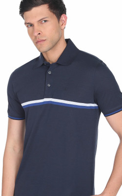 ARROW Striped Men Polo Neck Blue T-Shirt
