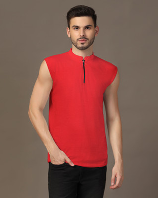 tfurnish Solid Men Mandarin Collar Red T-Shirt