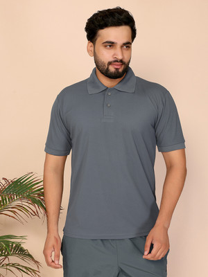Kashvi Solid Men Polo Neck Grey T-Shirt