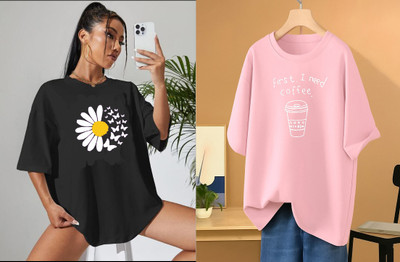 RAPTUROUS Printed Women Round Neck Black, Pink T-Shirt