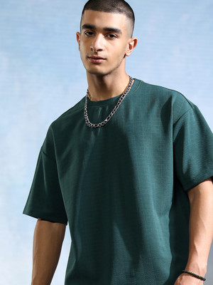 HIGHLANDER Self Design Men Round Neck Green T-Shirt