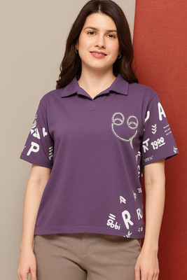 Jileba International Graphic Print, Printed Women Polo Neck Purple T-Shirt