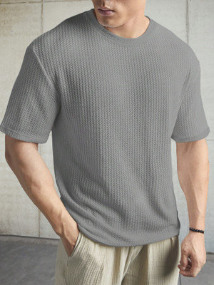 TeeWink Self Design Men Round Neck Grey T-Shirt