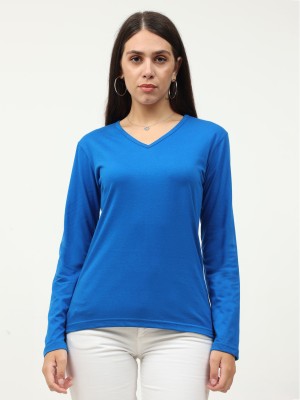 Fleximaa Solid Women V Neck Blue T-Shirt