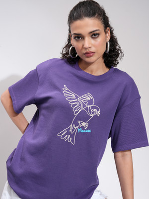Tokyo Talkies Self Design Women Round Neck Purple T-Shirt