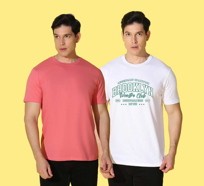 WOOSTRO Printed, Solid Men Round Neck White, Pink T-Shirt