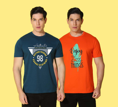 WOOSTRO Typography Men Round Neck Blue, Orange T-Shirt