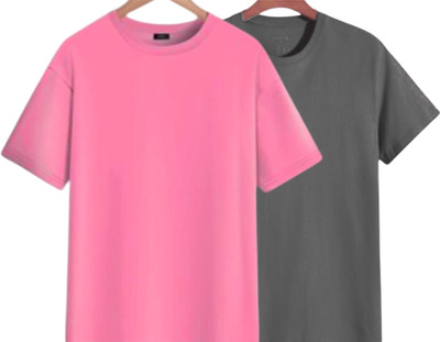 TTFE Solid Men Round Neck Pink, Grey T-Shirt