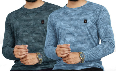 AVOLT Self Design Men Round Neck Grey, Light Blue T-Shirt