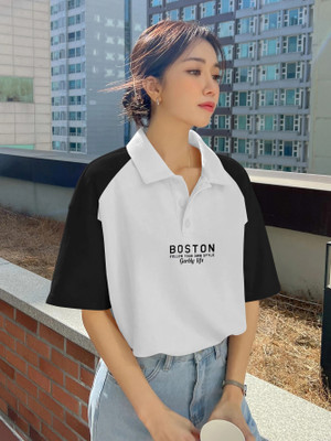 SCOWET Typography Women Polo Neck Black T-Shirt